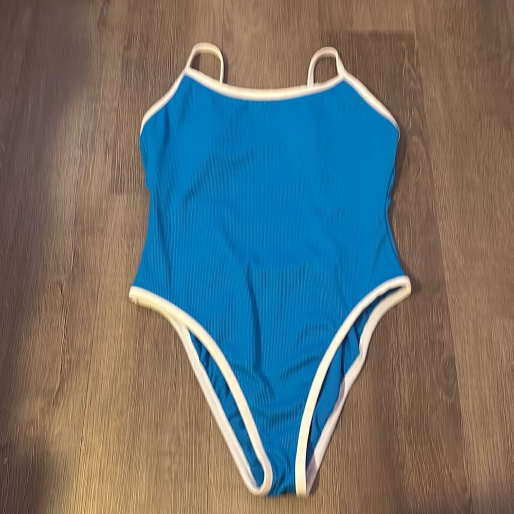 Blue One-Piece Swimsuit with White Trim